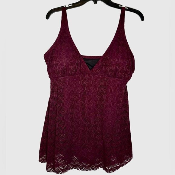 NWT Meet.Curve Burgundy One Piece Swimsuit with lace overlay cover up side slit - Picture 3 of 5